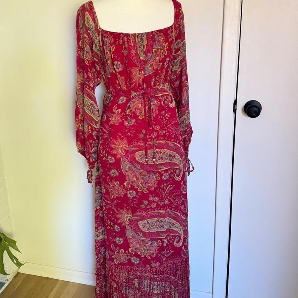 Vintage René Derhy Red Paisley Floral Boho Maxi Dress Fringe Y2K